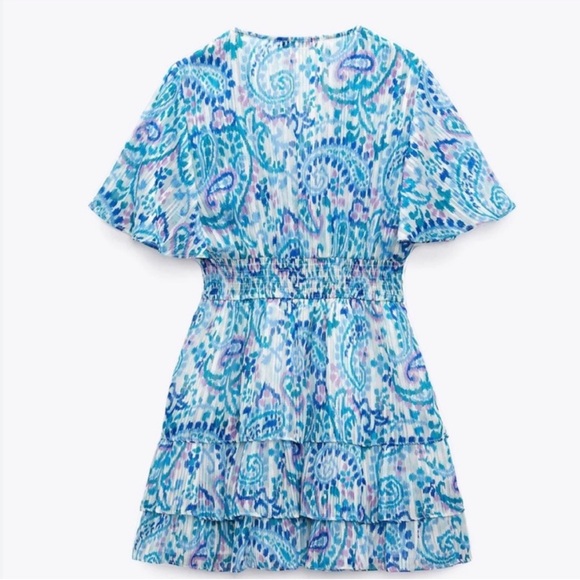 Zara Ruffled Tiered Mini Dress in Blue Paisley Size XL NWOT - Picture 3 of 3